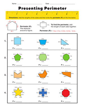 Third grade students calculating the perimeter of various polygons on a math worksheet