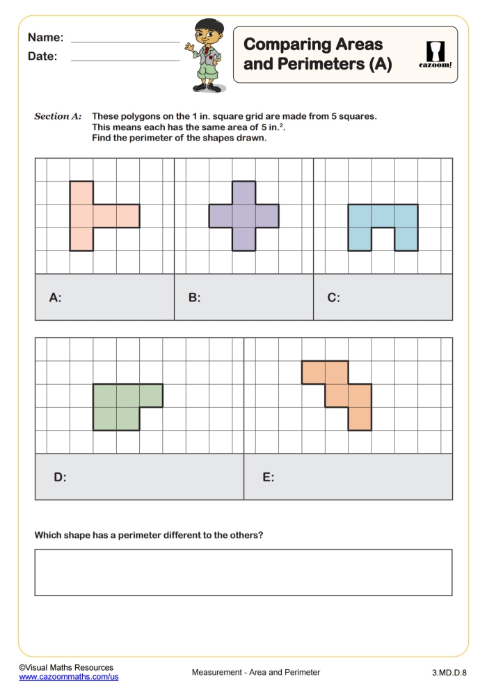 Third grade student calculating the perimeter of various geometric shapes on a worksheet