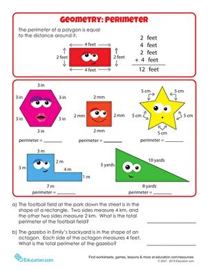 Children's geometry worksheet focusing on perimeter calculations for various polygons