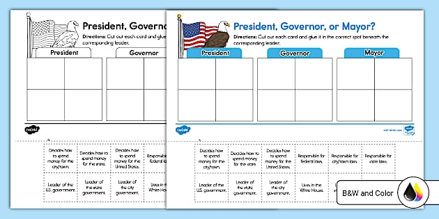 Third grade student sorting various government roles into the legislative, executive, and judicial branches on a social studies worksheet