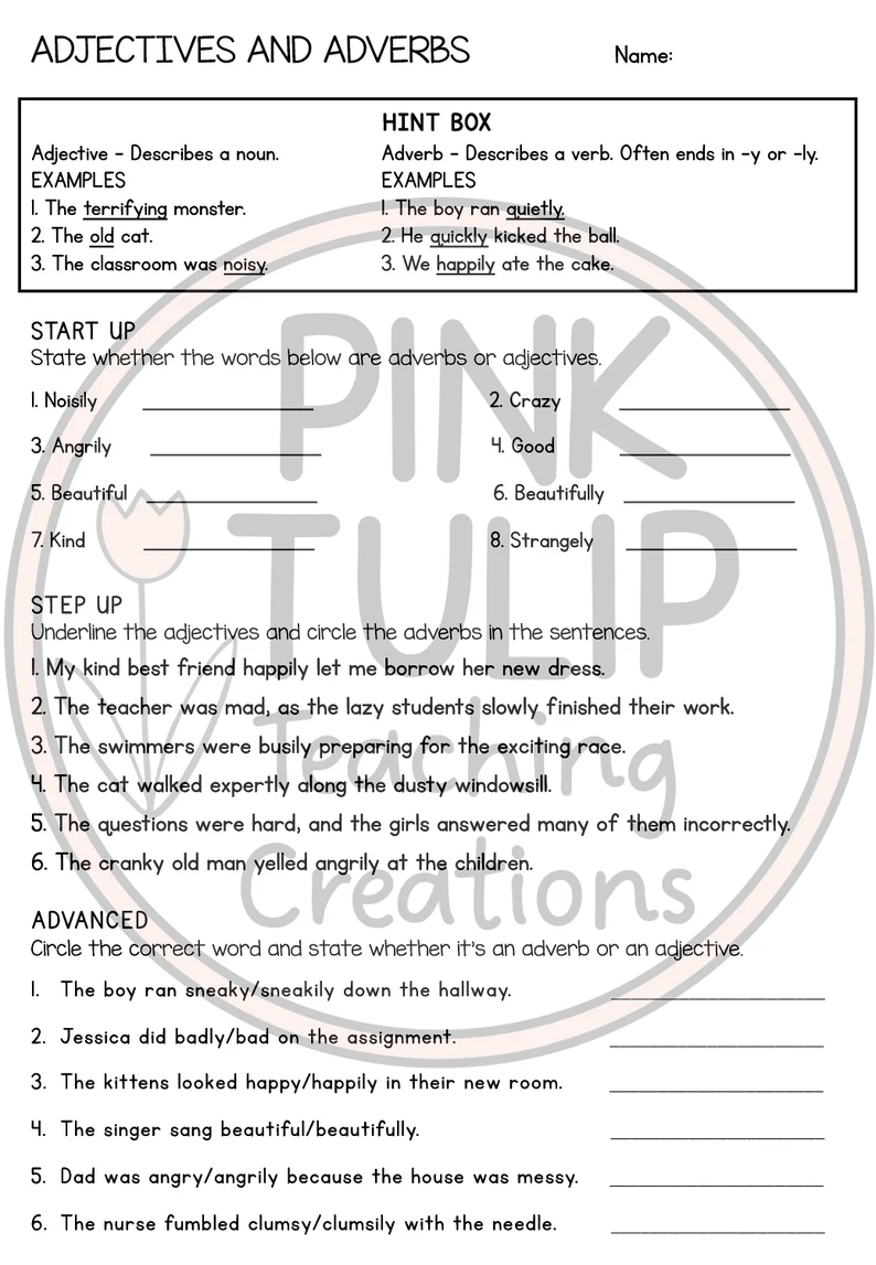 Third grade students categorizing adjectives, adverbs, and verbs on a grammar practice worksheet