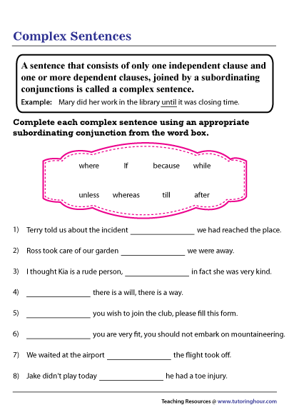 Third grade grammar worksheet showing practice exercises for combining independent and dependent clauses to form complex sentences