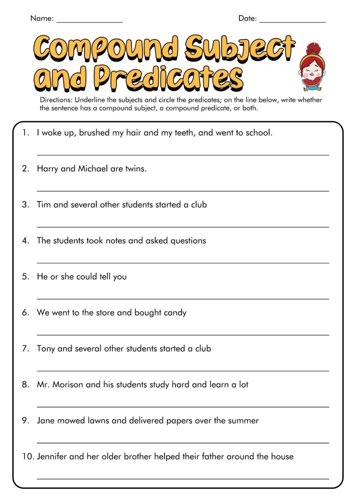 Mixed Operations worksheet for Third Grade Subject and predicate worksheet for third graders focusing on identifying subjects and predicates in sentences. Engaging worksheet for children to practice mixed operations in language arts.