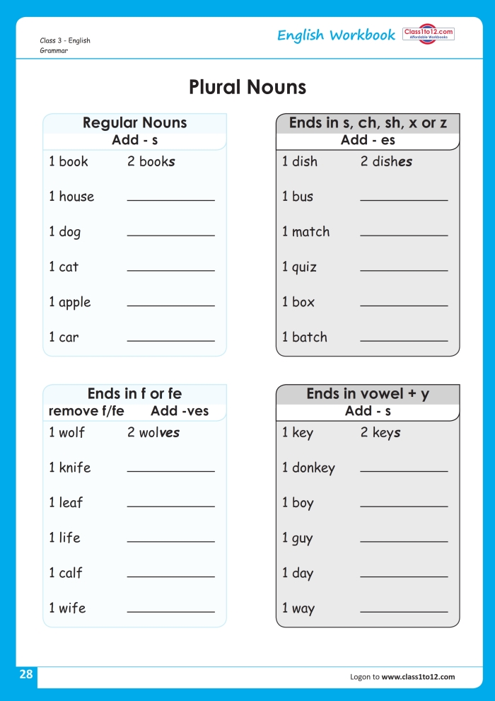 Children practicing singular and plural nouns in a grammar worksheet