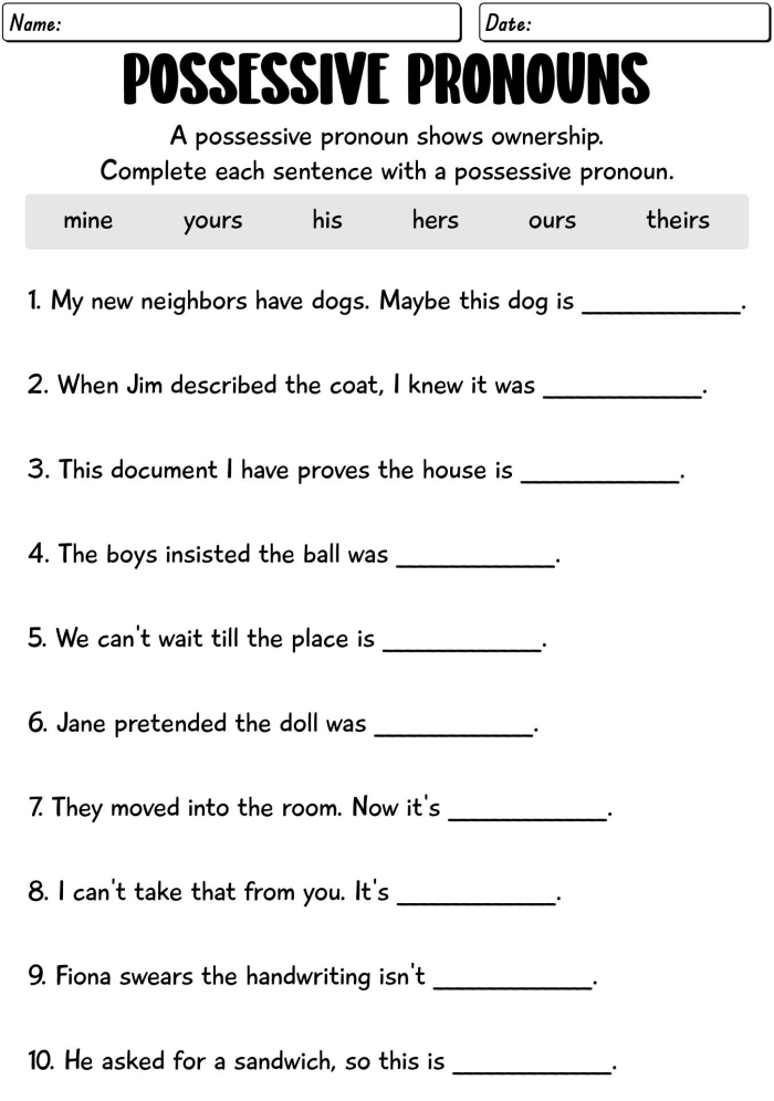Worksheet featuring possessive pronouns to enhance grammar skills for third graders