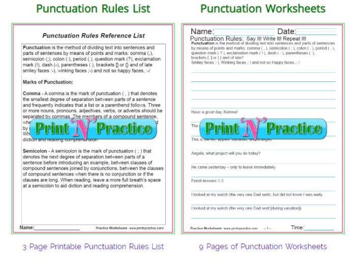 Third grade student completing a More Punctuation and Capitalization worksheet with grammar exercises