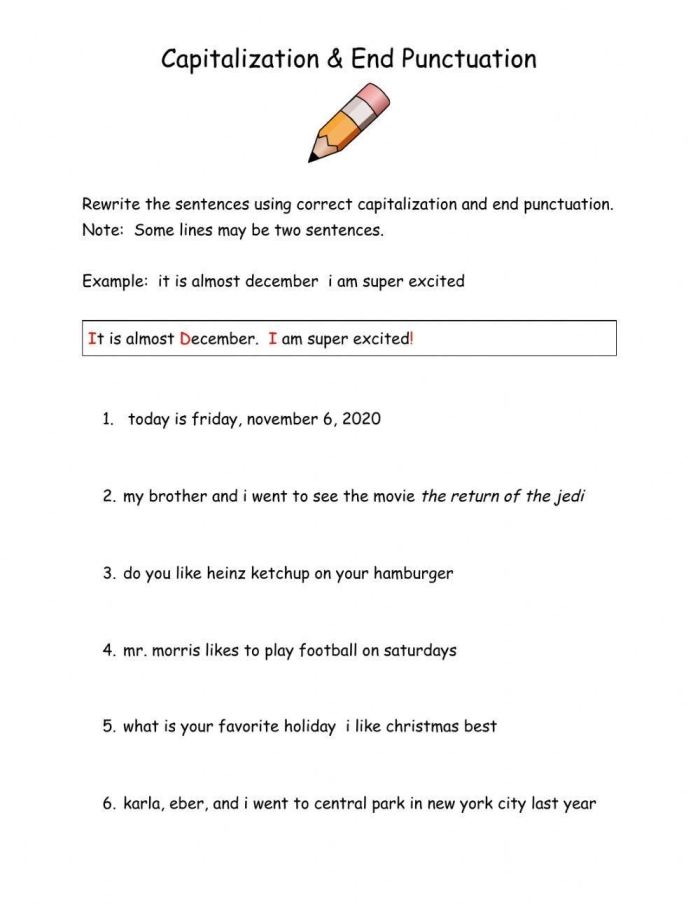 Third grade punctuation and capitalization practice worksheet with sentences to correct and rewrite for developing grammar skills
