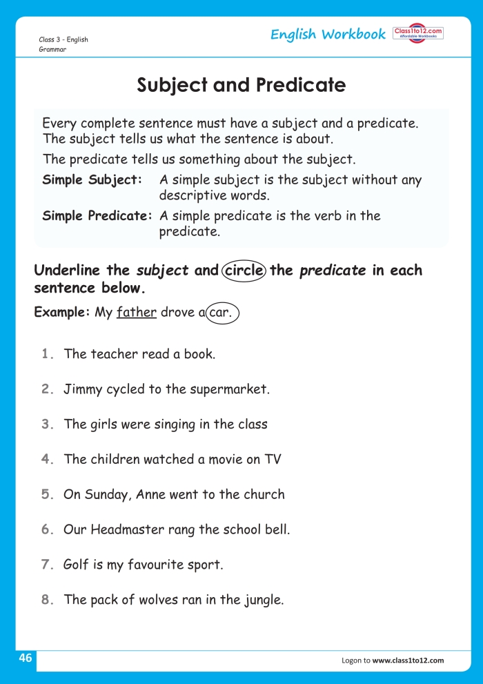 Interactive subject and predicate worksheet designed for third-grade students to help them practice sentence structure. Perfect tool for reinforcing language arts concepts. Subject and predicate worksheet for third graders focusing on identifying subjects and predicates in sentences. Engaging activity for children to enhance their grammar skills.