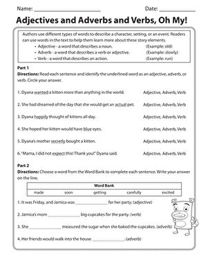 Third grade worksheet for identifying and categorizing verbs, adjectives, and adverbs