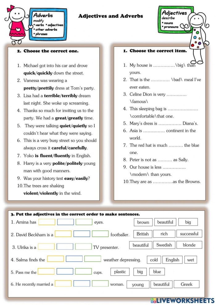Third grade students sorting verbs adjectives and adverbs into categories on a grammar worksheet
