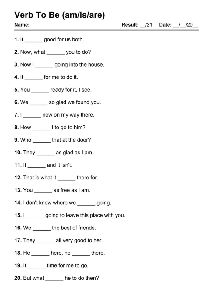 Educational resource for identifying state of being verbs in English Worksheet featuring the verb "to be" for third-grade grammar practice