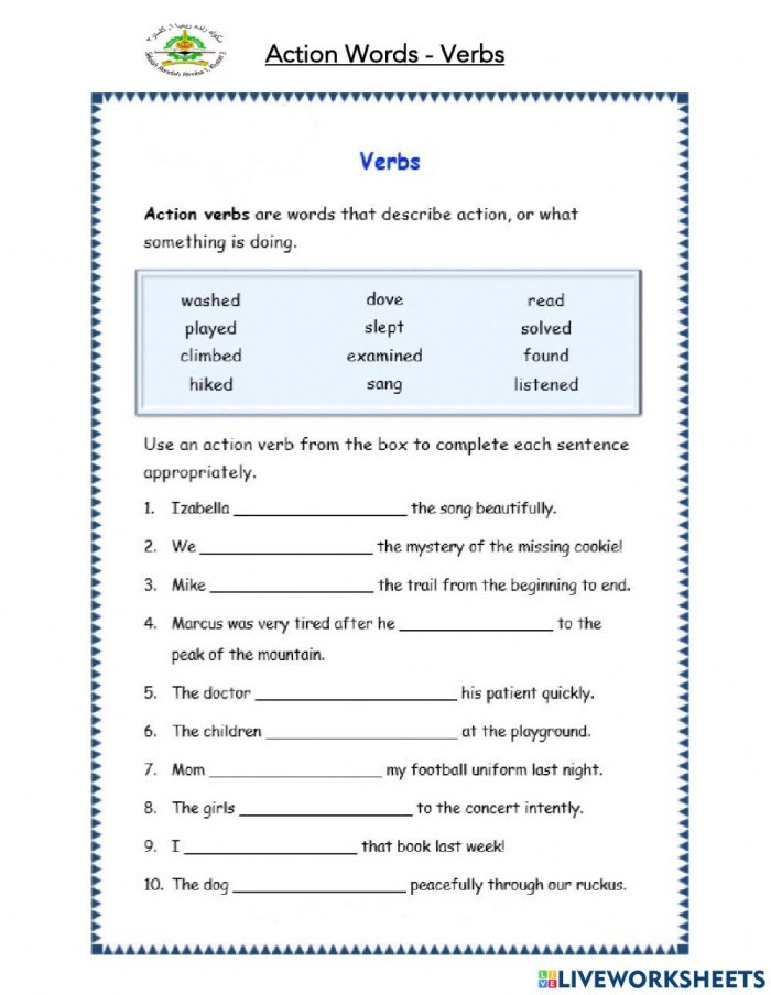 Third grade students practicing present tense action verbs on a grammar worksheet