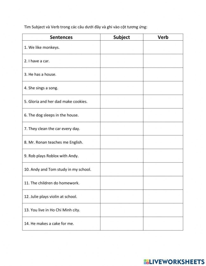 Colorful worksheet for third graders focusing on subjects, verbs, and objects in sentence structure