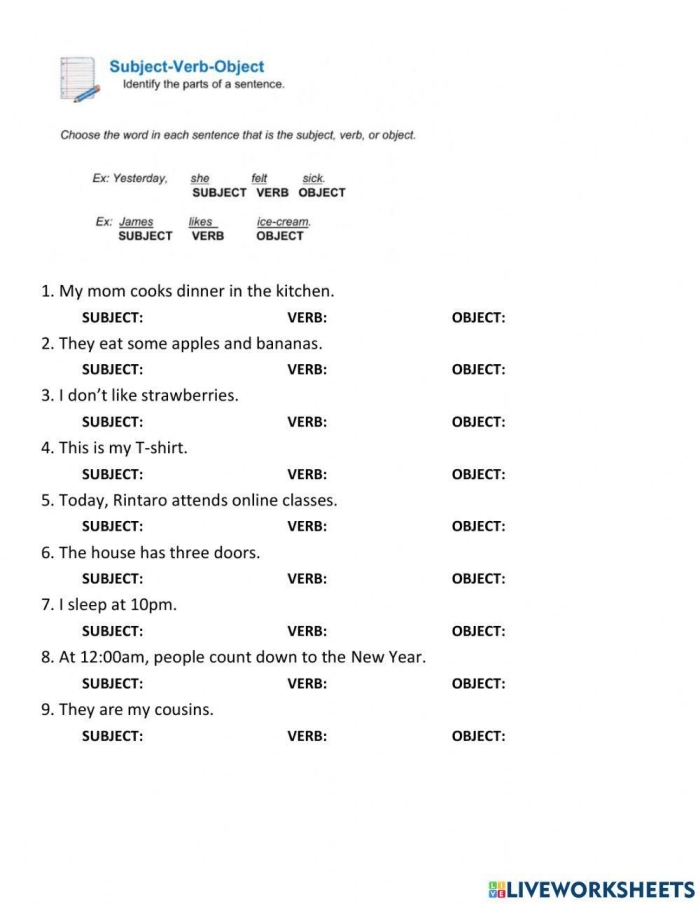 Third grade students practicing subject, verb, and object concepts in an engaging grammar worksheet