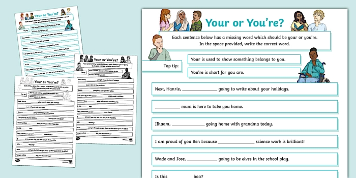 Writing worksheet for Third Grade Worksheet helping third graders understand the difference between you're and your. Engaging fill-in-the-blank story for practicing grammar skills.