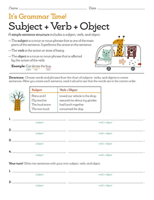 Worksheet illustrating the concept of Subject, Verb, and Object for third graders