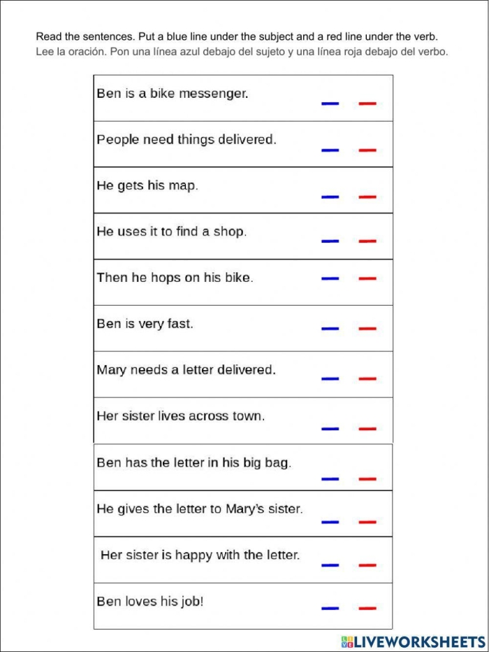 Interactive worksheet for third graders on subjects, verbs, and objects in sentences