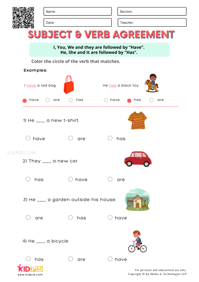 Worksheet for teaching subjects, verbs, and objects to third graders