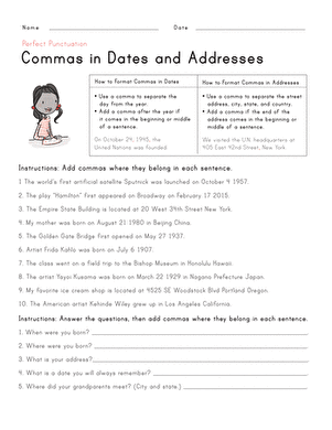 Perfect Punctuation Commas in Dates and Addresses Worksheet 8 Third grade student practicing comma placement in dates and addresses on a grammar worksheet