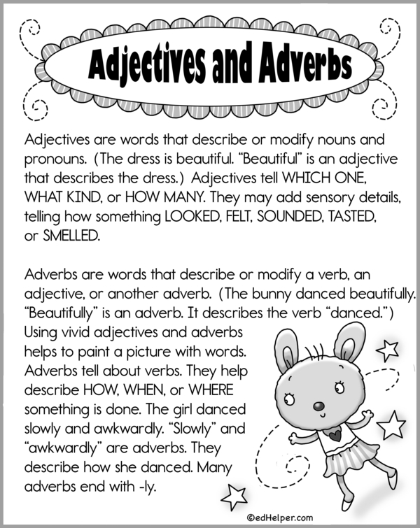 Third grade grammar worksheet showing practice exercises for identifying and categorizing adjectives, adverbs, and verbs in sentences