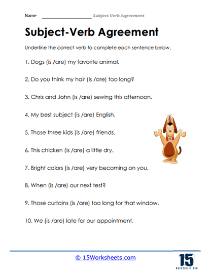 Worksheet illustrating the concepts of subjects, verbs, and objects for third graders