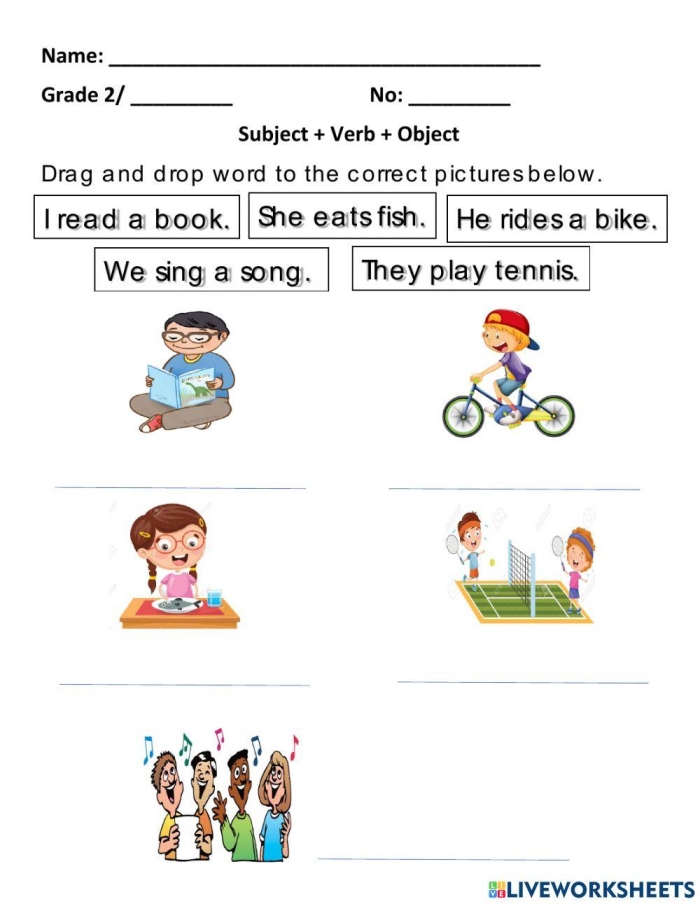 Worksheet featuring the Subject + Verb + Object lesson for third graders learning grammar