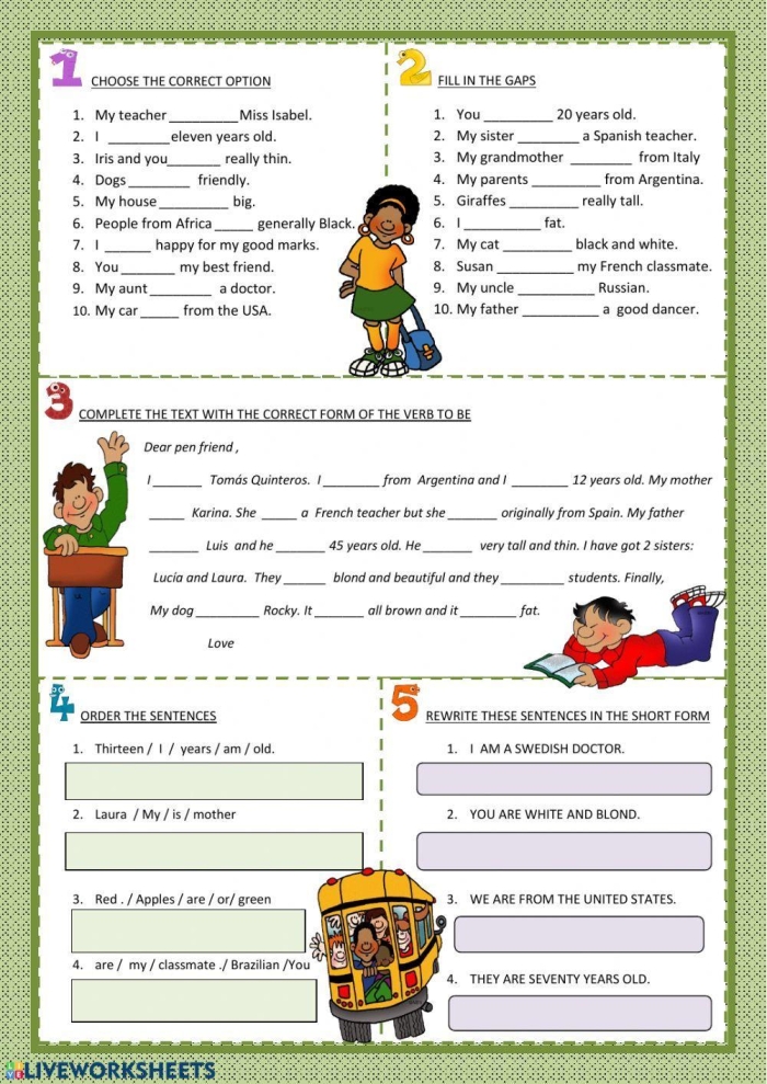 Engaging grammar worksheet on the verb "to be" for elementary students Worksheet featuring the verb "to be" for third graders focusing on grammar skills