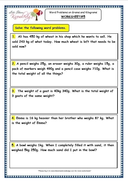 Third grade worksheet on metric units of weight and mass for engaging learning activities Children solving measurement word problems involving grams and kilograms in a hands-on worksheet