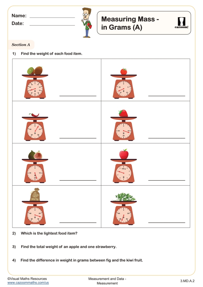 Visual guide for third-grade students exploring metric units of weight and mass Worksheet featuring measurement word problems focused on grams and kilograms for third graders