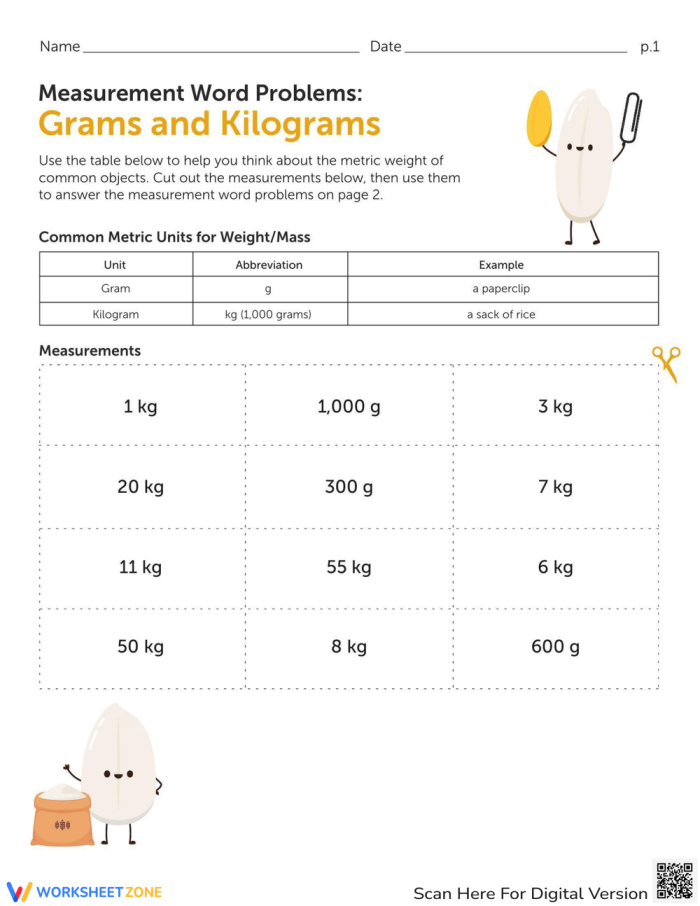 Engaging hands-on activity to teach children about metric weight and mass Worksheet featuring measurement word problems focused on grams and kilograms for third graders