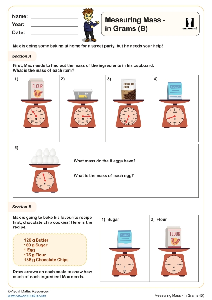Hands-on activity for understanding mass in metric units Measurement worksheet helping third graders learn grams and kilograms