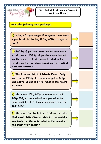 Engaging activity to enhance children's understanding of weight and mass in metric units Worksheet featuring measurement word problems focused on grams and kilograms for third graders