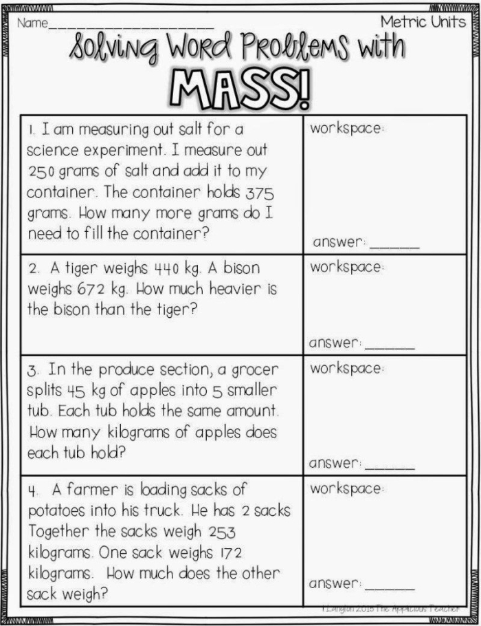Measurement Word Problems: Grams and Kilograms Worksheet for Third Grade Worksheet featuring third graders solving measurement word problems involving grams and kilograms
