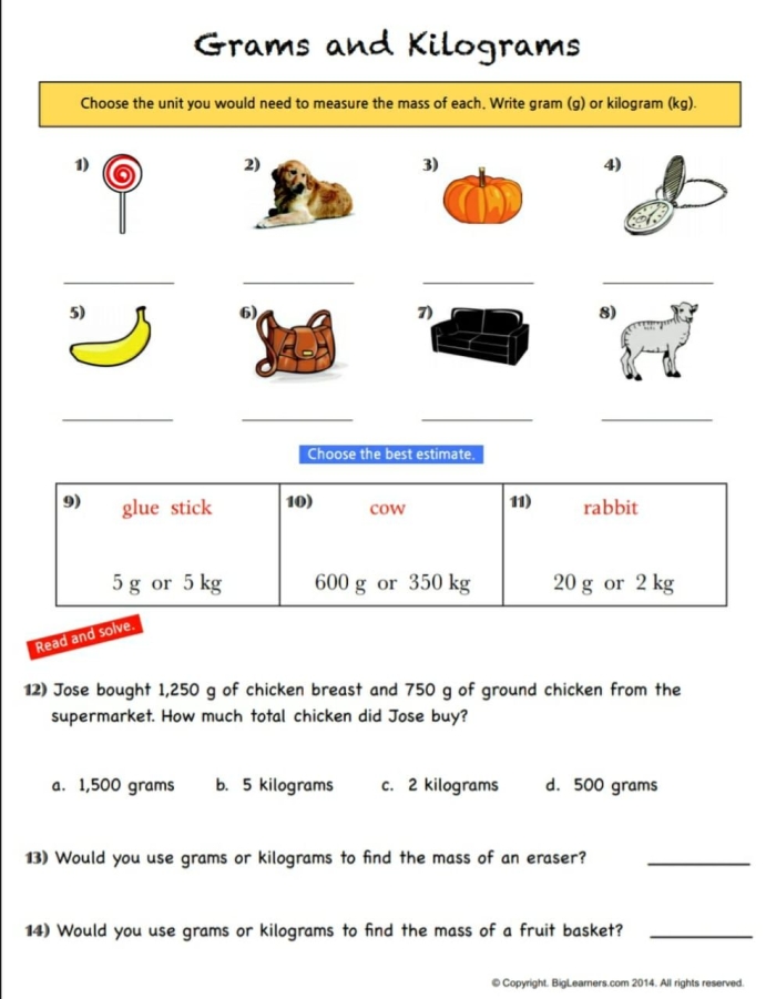 Interactive worksheet on metric weight units designed for third grade students Worksheet featuring measurement word problems focused on grams and kilograms for third graders
