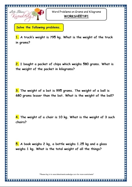 Measurement Word Problems: Grams and Kilograms Worksheet for Hands-On Learning Worksheet featuring measurement word problems focused on grams and kilograms for third graders