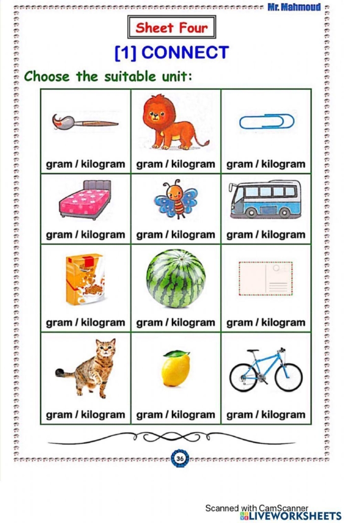 Measurement: Grams and Kilograms worksheet for hands-on practice Worksheet for learning about grams and kilograms for third graders