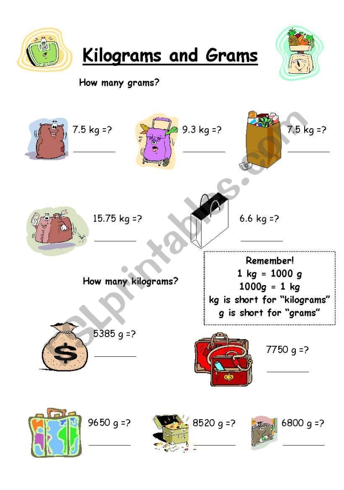 Measurement worksheet focusing on grams and kilograms for young learners Interactive worksheet for third graders learning about grams and kilograms as metric units of mass