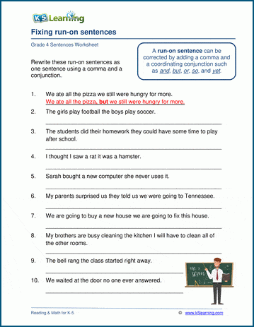Worksheet image for practicing identification and correction of run-on sentences Run-On Sentences worksheet for third graders focusing on handwriting practice