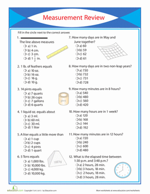 Third grade units of measurement practice test worksheet for handwriting skills