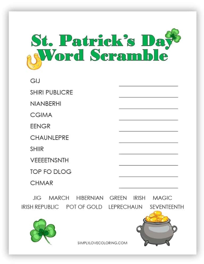 St. Patrick's Day Word Scramble worksheet for third grade students featuring 10 holiday puzzles