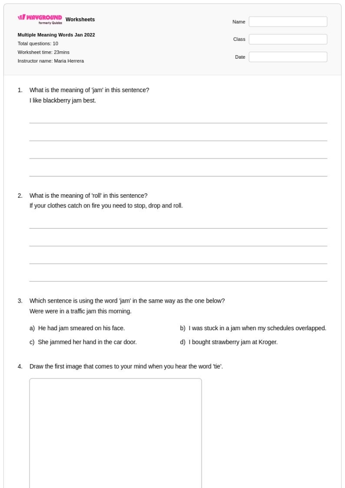 Multiple meaning words worksheet for third graders focusing on homonyms and context clues