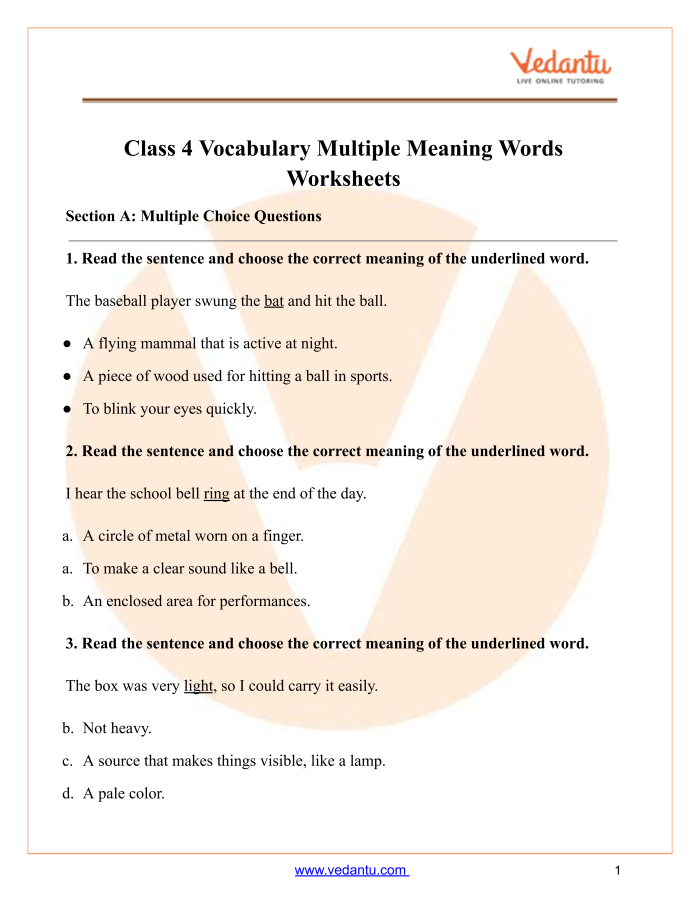 Multiple meaning words worksheet designed for third graders to explore homonyms using context clues