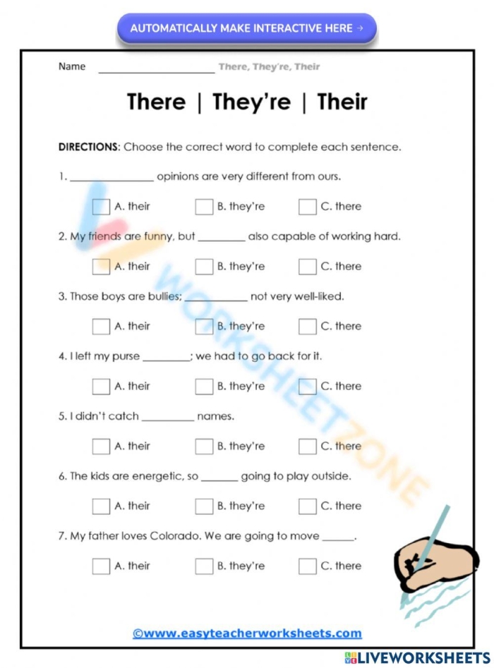 Place Value worksheet for Third Grade Worksheet focusing on the differences between there, their, and they're for third graders. Educational resource for mastering commonly confused words in sentences.