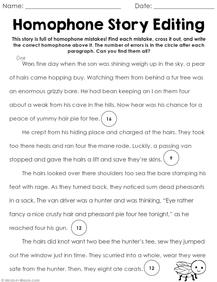Homophone story worksheet featuring a fun monster tale for third graders