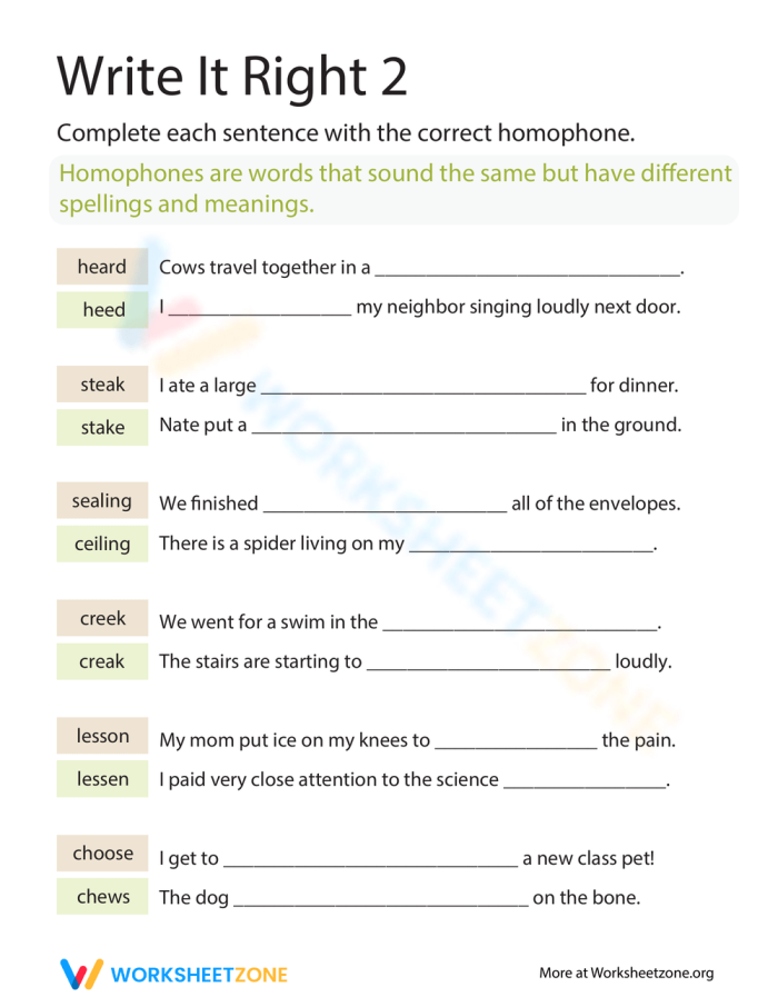 Homophones: Write It Right 1 worksheet for third graders Third grade worksheet featuring homophones to complete sentences correctly