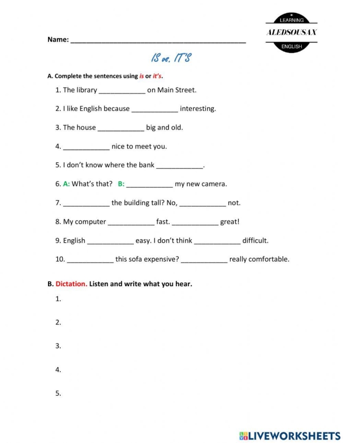 Children's fill-in-the-blank worksheet on homophones focusing on its and it's