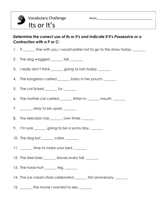 Children engaging with a fill-in-the-blank worksheet focused on homophones, specifically its and it's
