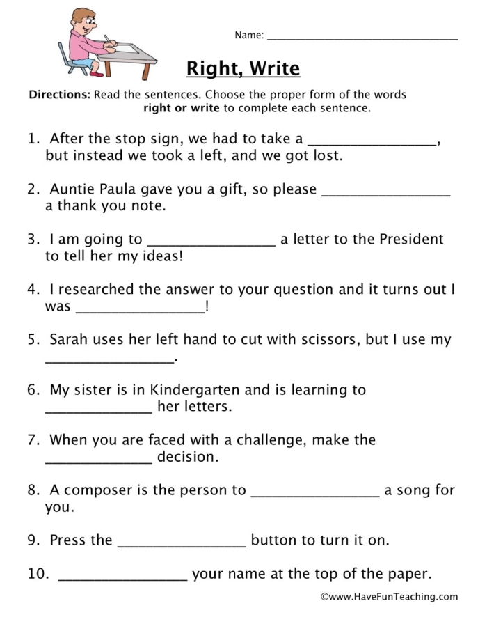 Write It Right 1: Homophones activity for measuring language skills in Grade 3 Homophones worksheet for third graders focusing on sentence completion with correct word choices