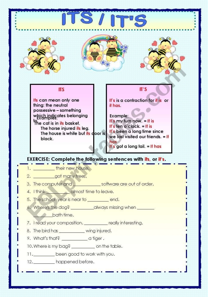 Children engaged in a fill-in-the-blank worksheet on homophones featuring "its" and "it's
