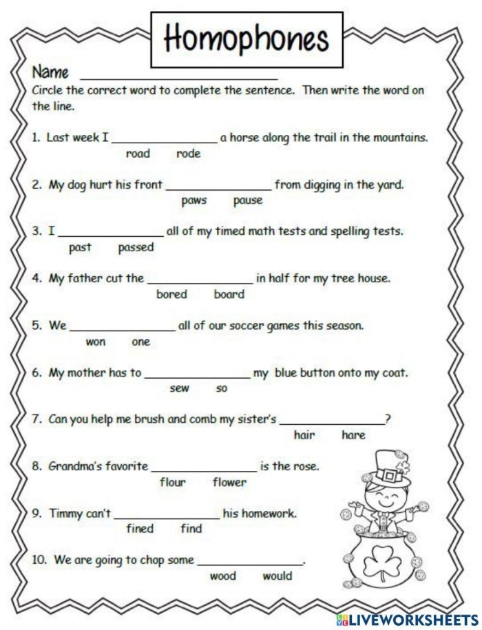 Engaging homophones worksheet for third grade reading practice Worksheet for third graders focusing on homophones to complete sentences correctly